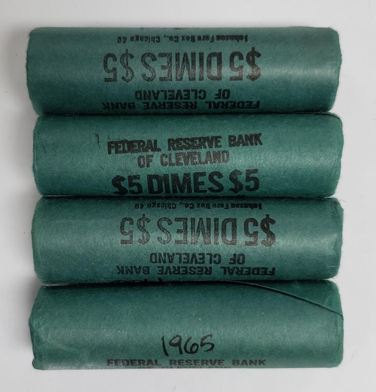 1965, (2) 1966, 1967 BANK WRAPPED DIME ROLLS: ROOSEVELT BU ORIGINAL DIME ROLLS