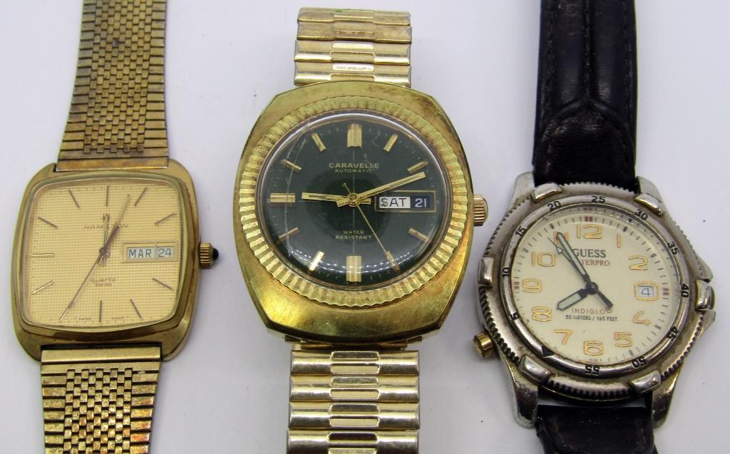 (3)GOLD-TONED WATCHES! HAMILTON, GUESS, CARAVELLE!: UNTESTED