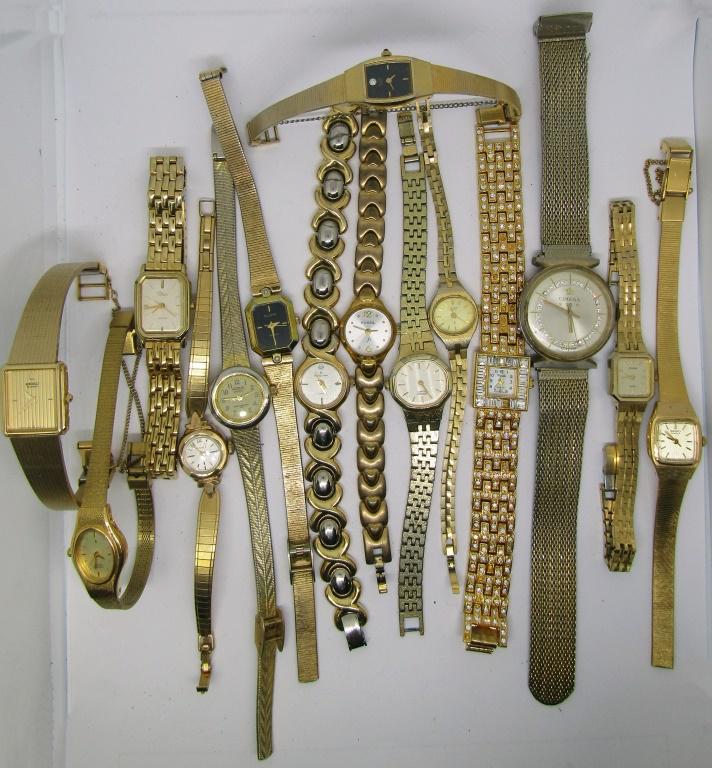 15-GOLD TONED LADIES WATCHES: MOSTLY MODERN - PULSAR, XANDU, CIMEGA, TIMEX, CITIZEN, SEIKO, FOSSIL, ACQUA, ILGIN, MATHEY TISSOT & MORE - UNTESTED - NICE CONDITION