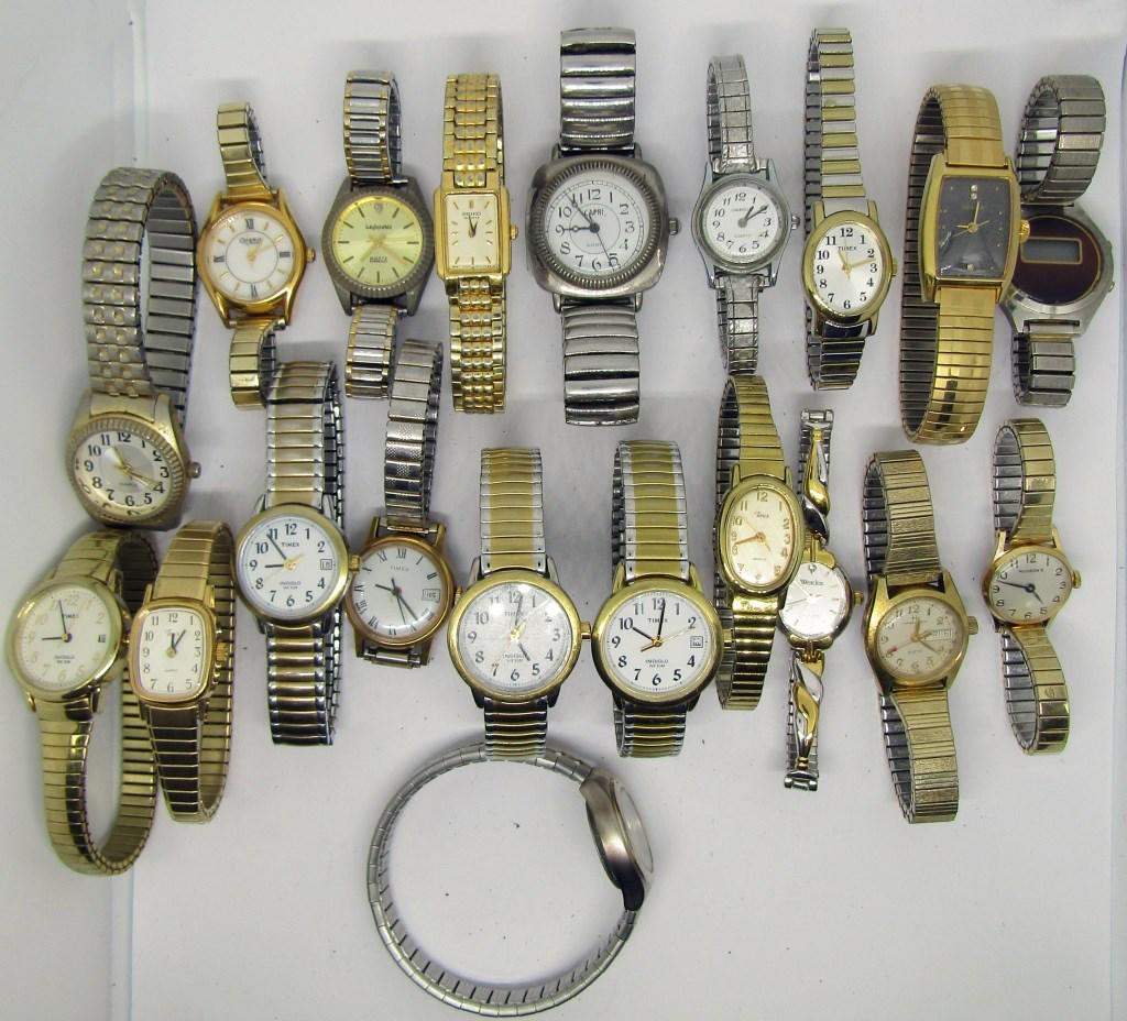 20-STRETCH BAND LADIES WATCHES: WESTCLOX, HUDSONS, LINDENWOLD, GENEVA, CARAVELLE, TIMEX, CARRIAGE, SEIKO, HAMILTON, CAPRI - UNTESTED - MOSTLY NICE CONDITION