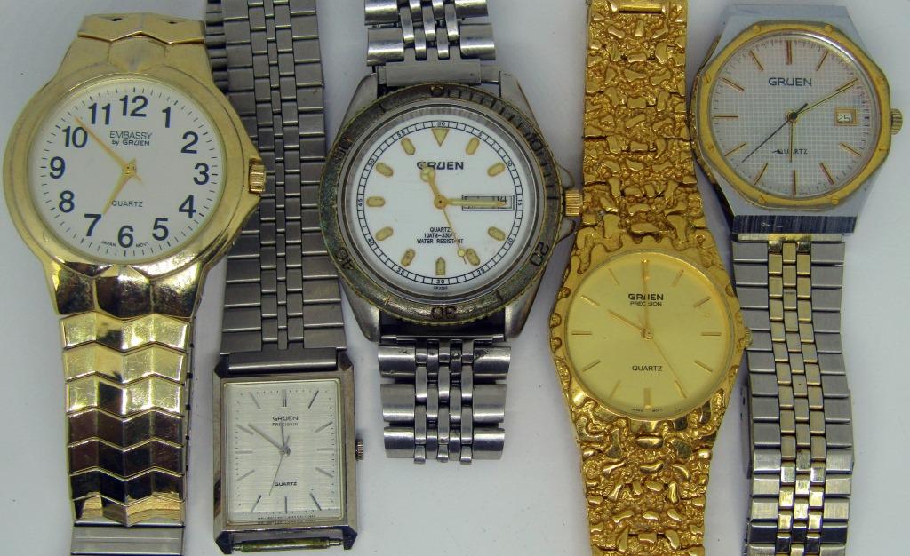 5-GRUEN MEN'S WRISTWATCHES: (1)10ATM-330 FT WR DAY DATE (2)QUARTZ DAY DATE (2)PRECISION (1)EMBAASSY-#160351-ALL WATCHES UNTESTED-PARTS/REPAIR
