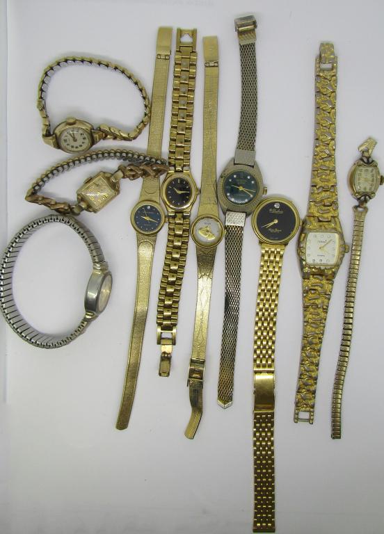 (10) LADIES WATCHES; ELGIN, CYRANO, LIEMA,: PIERRE CARDIN, DUFONTE LUCIEN PICCARD, SEIKO, GENEVA; UNTESTED.
