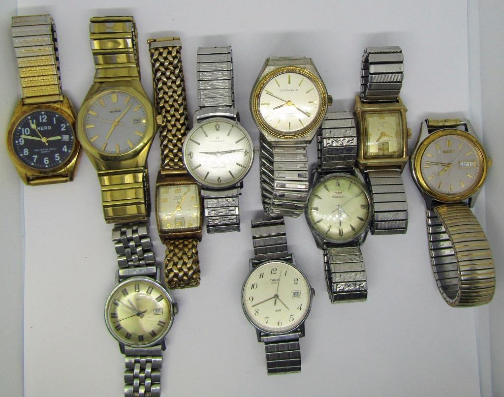 (10) WRIST WATCHES; HAMILTON, WALTHAM, ELGIN,: SEIKO, TIMEX, CITIZEN, CARAVELLE, HERO; UNTESTED.