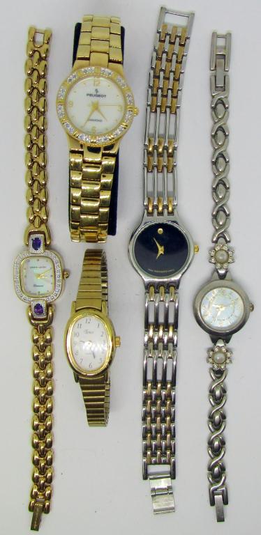 (5) LADIES WRIST WATCHES; PEUGEOT, TIMEX,: PIERRE CARDIN, MOVADO; UNTESTED.