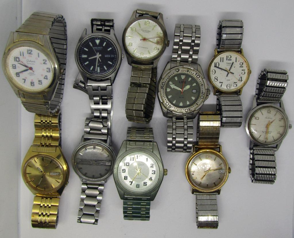 (10) WRIST WATCHES; GALAXIE ELGIN, SEIKO,: TIMEX, LIFE, DELGARD CALENDAR, TECHNOS; UNTESTED.