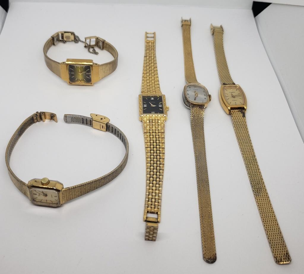 5-VINTAGE WOMAN'S GOLD TONED WRISTWATCHES: (3)TIMEX (1)CITIZEN (1)CROTON