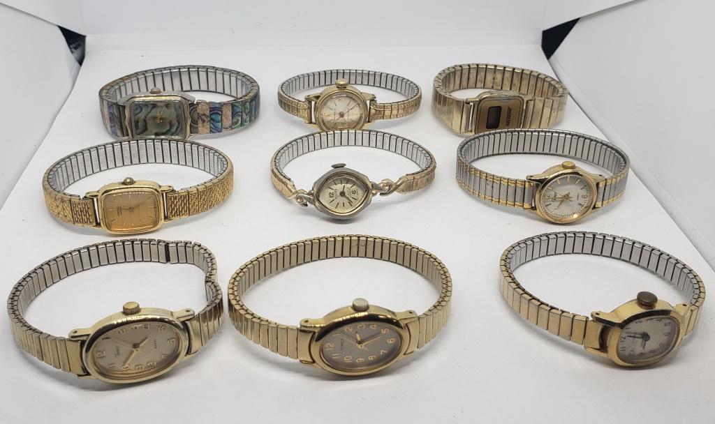 9-VTG GOLD TONED WOMAN'S FASHION WATCHES: (1)SELECTTIME (1)TIMEX (1)HAMILTON 17 JEWELS (1)SEIKO QUARTZ (1)CARAVELLE WATERPROOF (1)NELSONIC DIGITAL (3)TIMEX -ALL WATCHES UNTESTED-PARTS/REPAIR