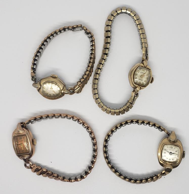4-VINTAGE GOLD TONED WOMAN'S WRISTWATCHES: (1)ELGIN (1)GRUEN (1)CENTRAL 10K RGP #632696 (1)WITTNAUR 10K RGP-ALL WATCHED UNTESTED-PART/REPAR