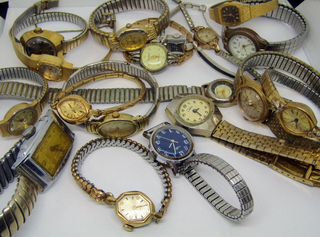 (19) WRIST WATCHES! GEVEVA DE LUXE, PULSAR, GRUEN,: CHATEAU, JEROME, WITTNAUR, CARAVELLE, SWEDA, MILAN, TIMEX, BULOVA, ELGIN; UNTESTED!