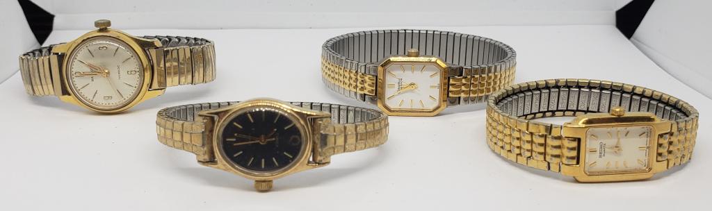 4-WOMAN'S WRISTWATCHES: (1)TIMEX (1)BAYLOR: 17 JEWEL (1)SEIKO QUARTZ (1)CARVELLE-UNTESTED-PARTS/REPAIR
