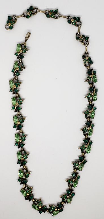 VINTAGE HOLLYCRAFT STERLING NECKLACE WITH: MULTI COLORED GREEN STONE ACCENTS (FEW RHINESTONES MISSING) -TOTAL 25.8 DWT