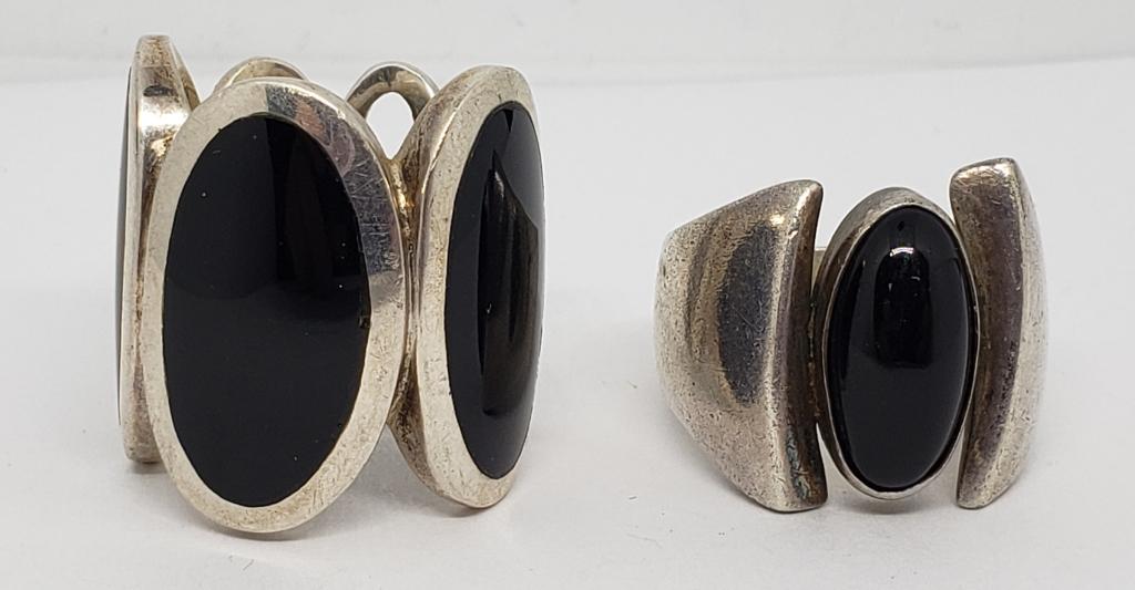 2-CHUNKY STERLING RINGS WITH BLACK STONE/INLAY (1 of 6)