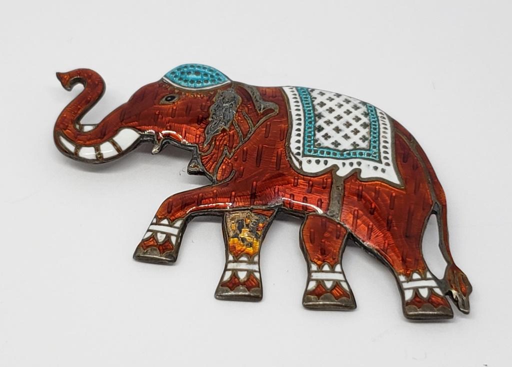 SIAM STERLING ELEPHANT BROOCH WITH GORGEOUS: ENAMEL DESIGN-TOTAL 7 DWT