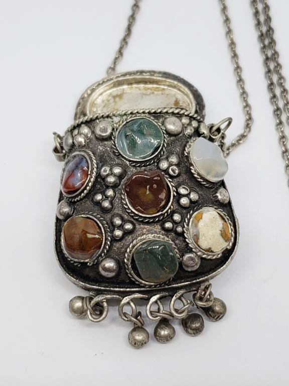 VINTAGE STERLING PURSE/LOCKET PENDANT WITH: POLISHED NATURAL STONES-COMES WITH CHAIN-TOTAL 23.3 DWT