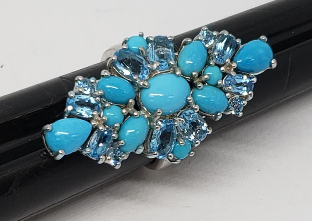 LOOKS NEW! SIZE 7 STERLING FASHION BLING RING: LOADED WITH TURQUOISE STONES/BEADS! TOTAL 5.9 DWT