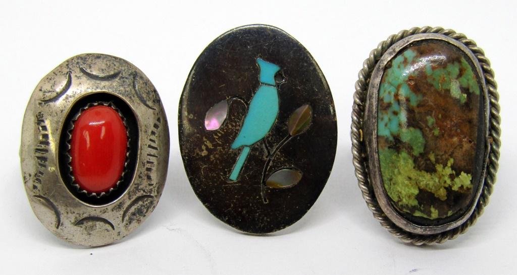 3-NAVAJO STERLING RINGS (1)RED CORAL STONE (1 of 3)