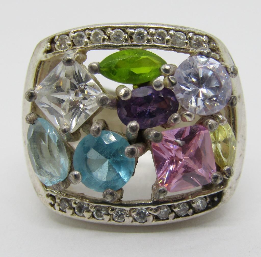 STERLING FASHION BLING RING WITH MULTI COLORED: STONE CLUSTER-RING SIZE 7-TOTAL 11 DWT