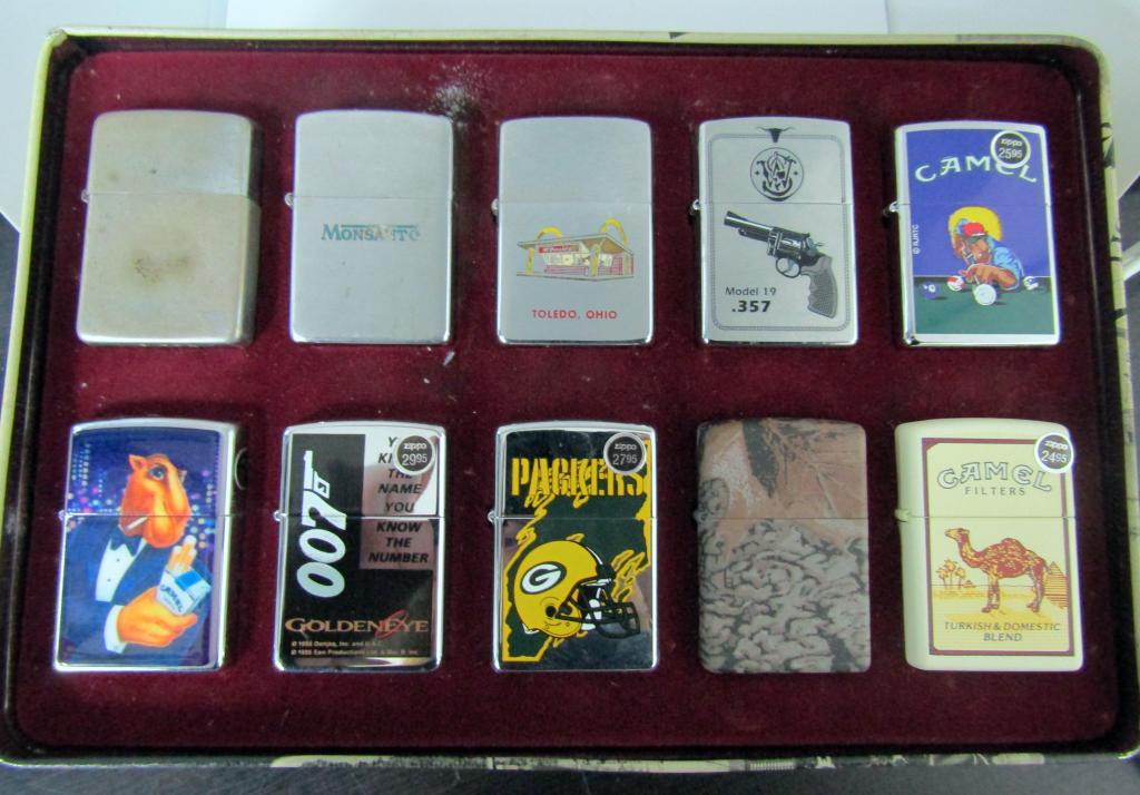 Set of 10 Zippo Lighters with tin (1 of 3)