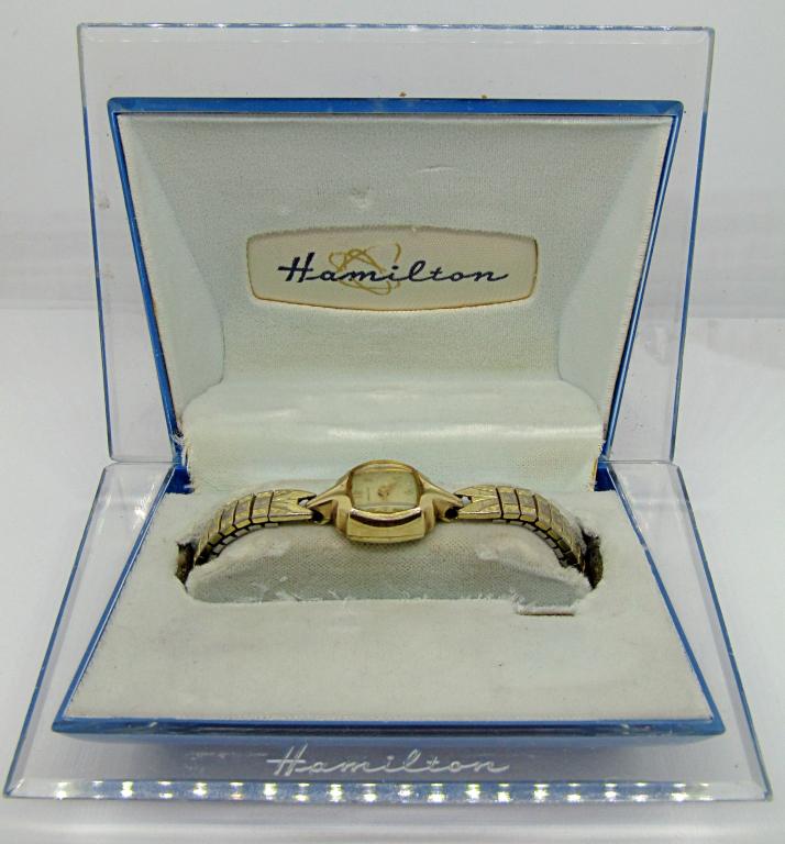 HAMILTON LADIES 10K GOLD FILLED WRIST WATCH;: UNTESTED, IN ORIGINAL BOX.