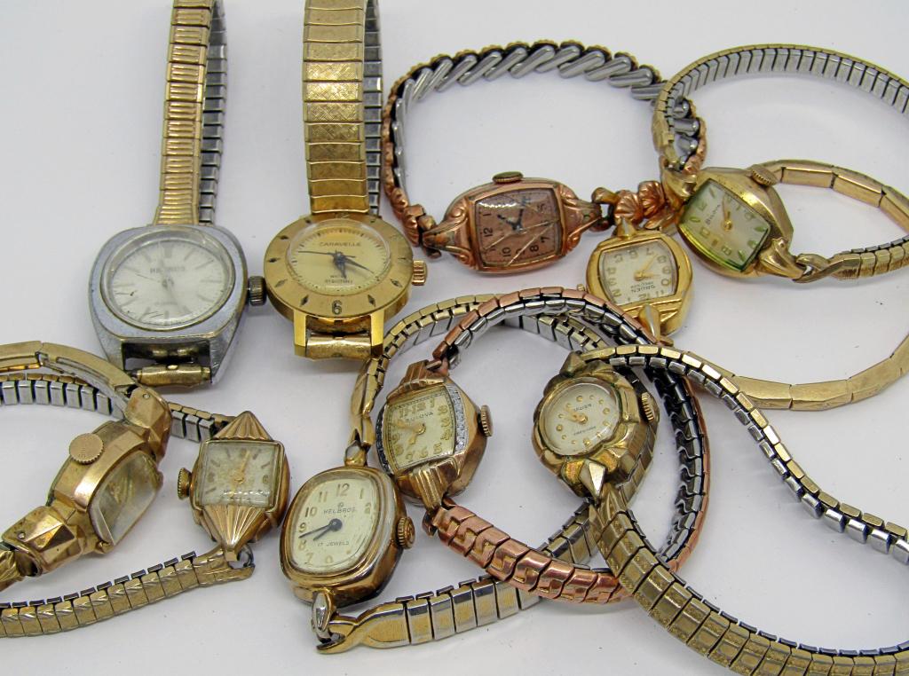 (10) LADIES WRIST WATCHES; BENRUS, ELGIN, GRUEN,: CARAVELLE, HELBROS, BULOVA; (4) 10K RGP; UNTESTED!