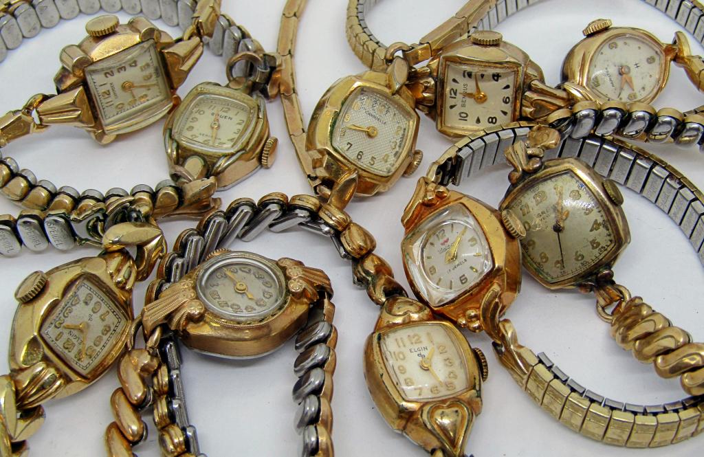 (10) LADIES WRIST WATCHES; HAMILTON, WALTHAM,: ELGIN, GRUEN, CARAVELLE, HAMPDEN, BULOVA, BENRUS; UNTESTED; (4) MARKED 10K RGP.