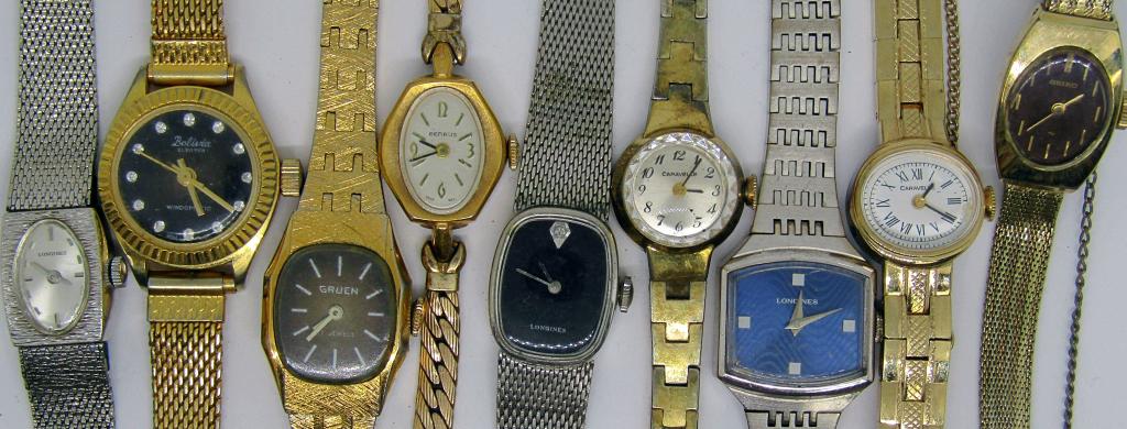 (9) LADIES WRIST WATCHES; BOLIVIA, LONGINES,: CARAVELLE, BENRUS, GRUEN; UNTESTED!