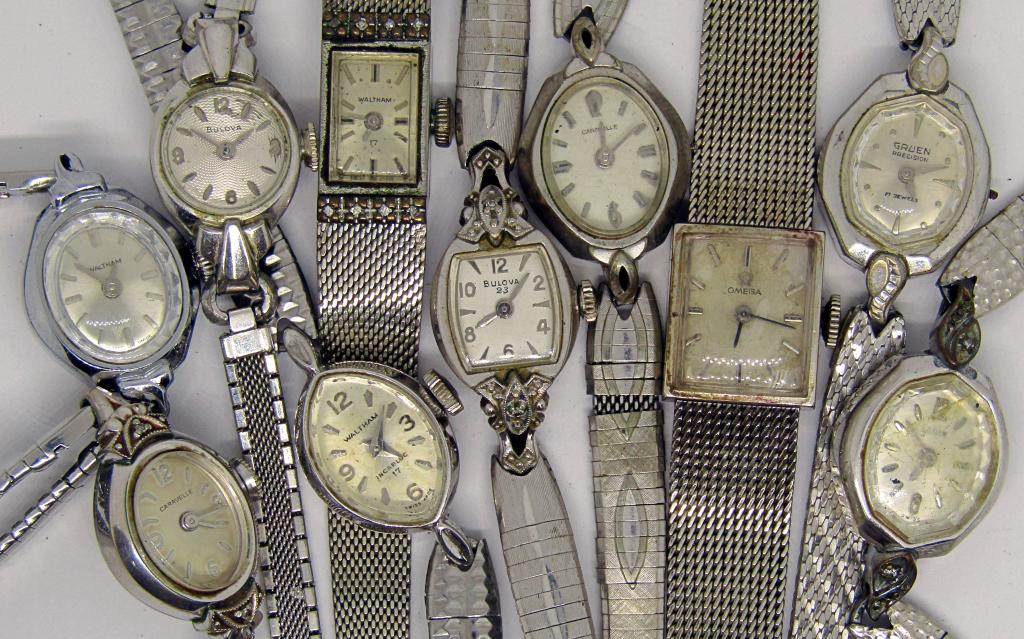 (10) LADIES WRIST WATCHES; WALTHAM, BULOVA,: CARAVELLE, GRUEN, ELGIN, OMEGA 17 JEWELS 14K GOLD FILLED; UNTESTED.