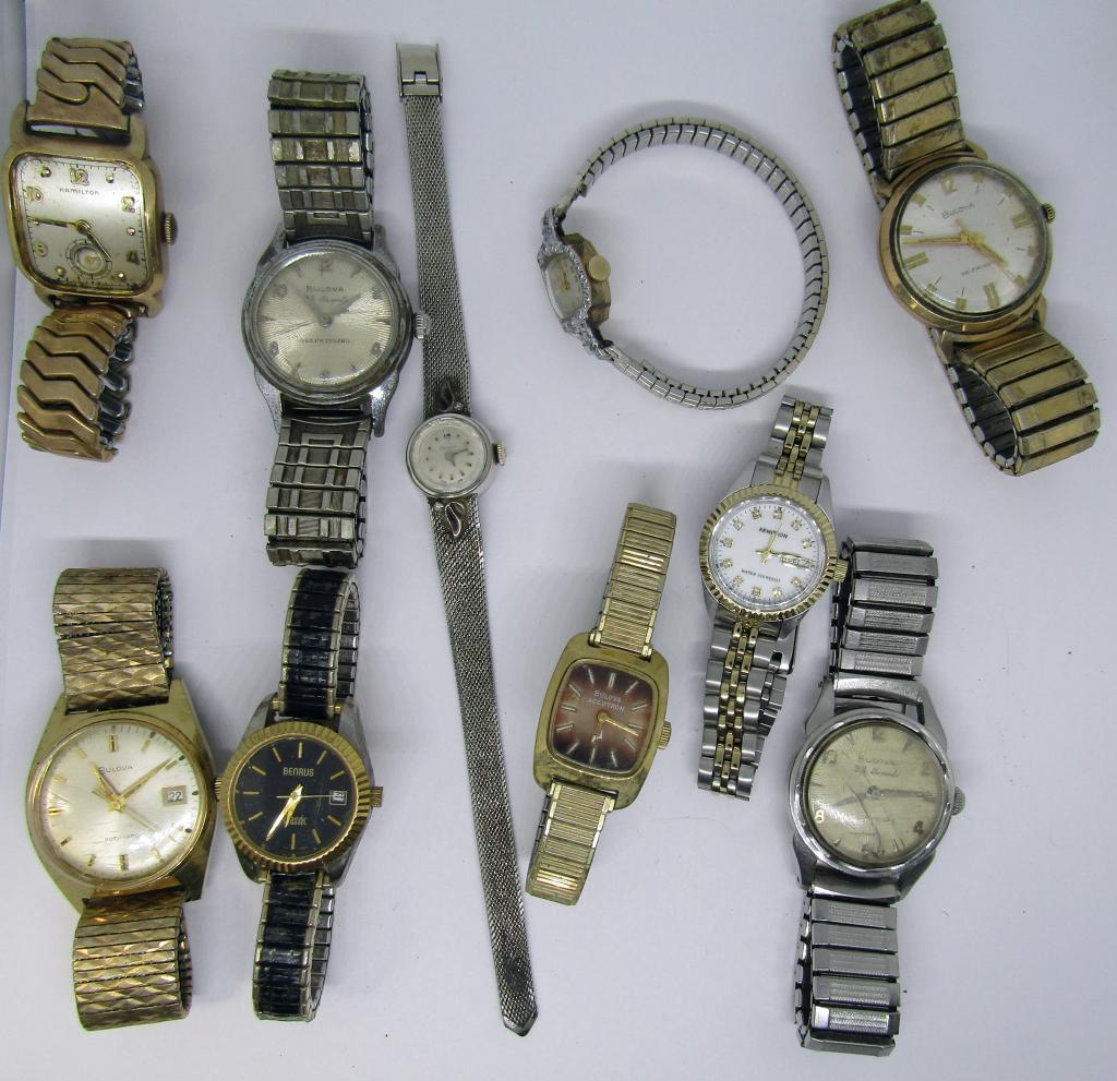 Vintage Women's Watch: set of 10 untested watches, most with elastic bands; BULOVA, ARMITRON, HAMILTON, BENRUS, some with day/ dates