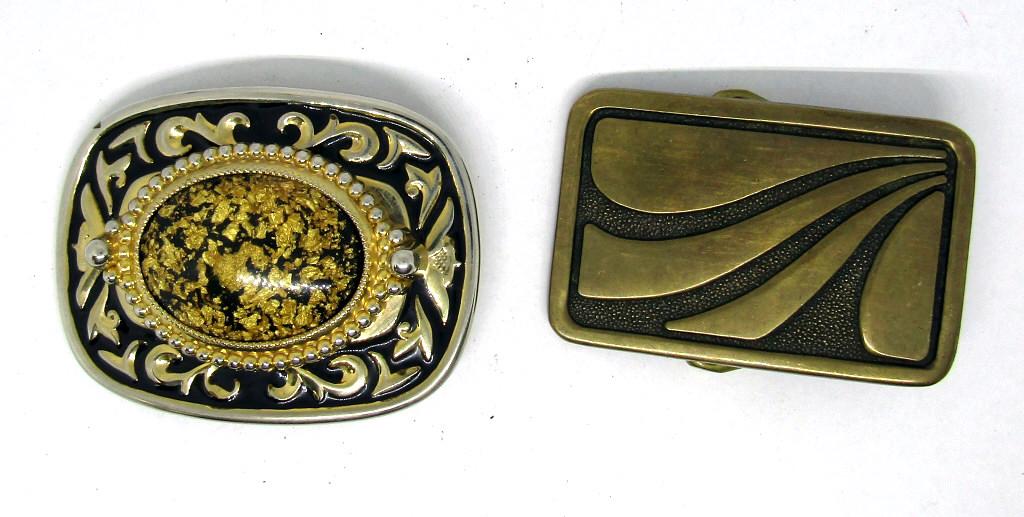 Women's belt buckles: pounded gold flake and solid brass buckles