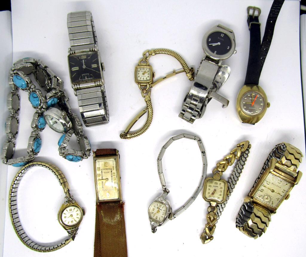 Vintage Women's Watches: set of 10 untested watches of various brands GRUEN, ELGIN, BULOVA, WALTHAM,