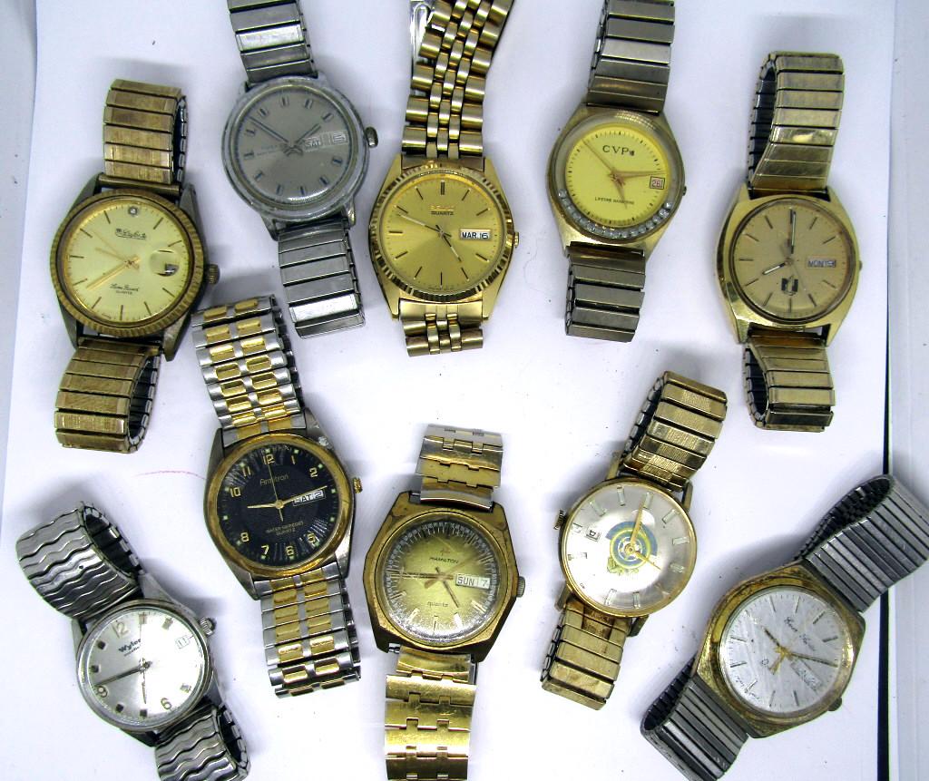 Vintage Men's Elastic Band Wrist Watches: Set of 10 Untested Men's wataches with elastic bands PULSAR, CVP, ARMITRON, SEIKO and other brands