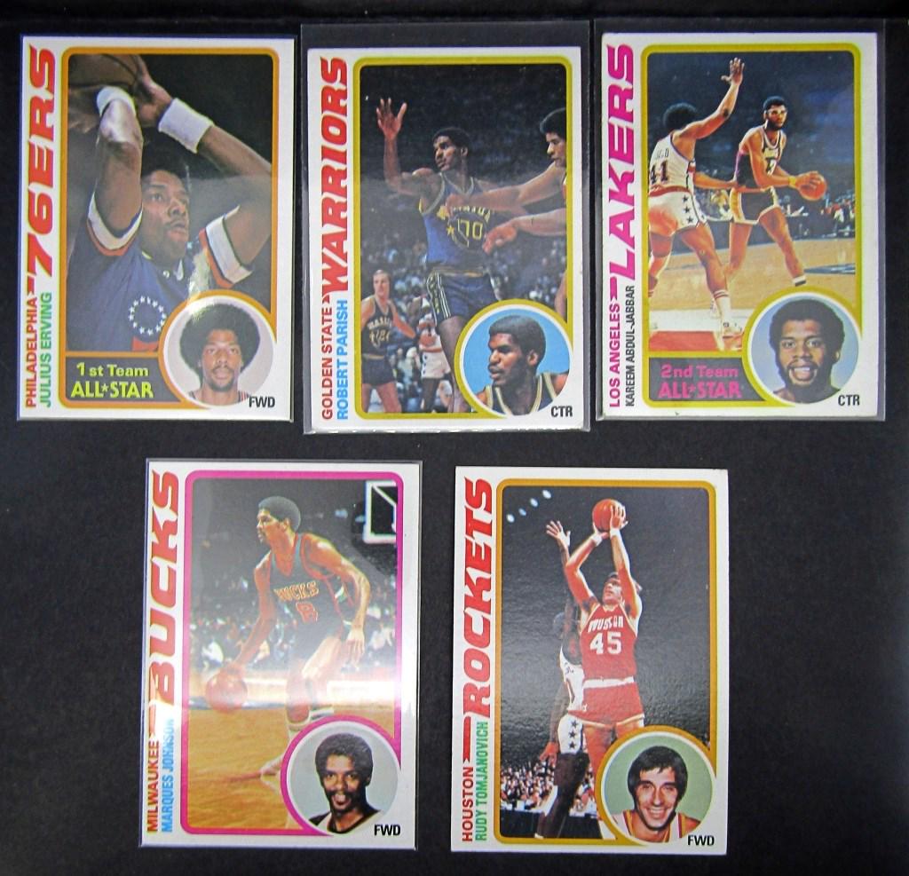 (5) 1978/79 TOPPS BASKETBALL STARS & ROOKIE: #58 TOMJANOVICH VGEX, #86 PARISH EX, #110 ABDUL-JABBAR VGEX+, #126 JOHNSON ROOKIE NM, #130 ERVING NM