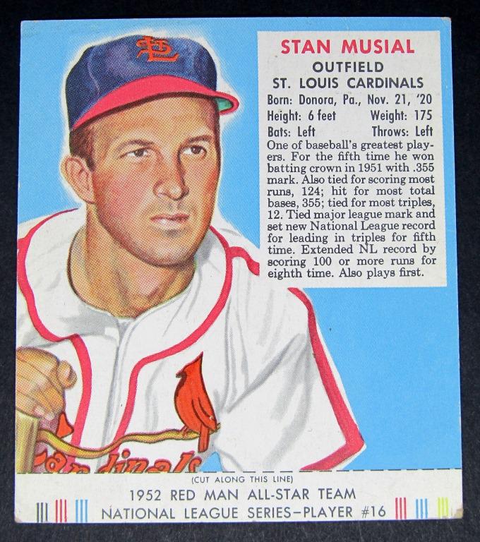 1952 REDMAN TOBACCO #16 STAN MUSIAL: WITH TAB - NICE VGEX-EX - GREAT COLOR