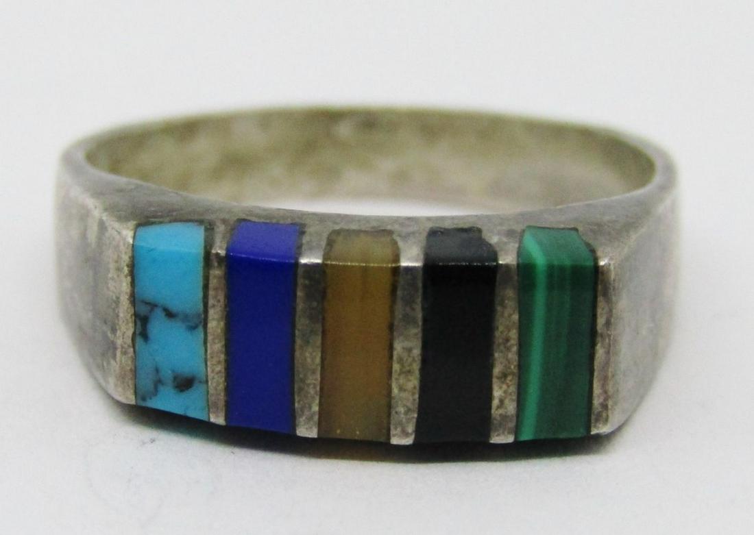 SIZE 7 NAVAJO STERLING RING WITH MULTI STONE: INLAY DESIGN-TOTAL 4.8 DWT