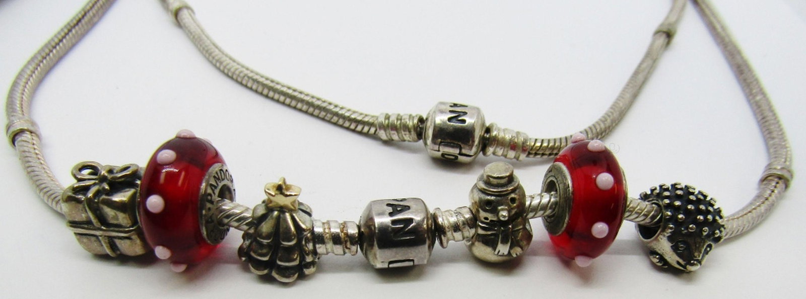 32 INCH STERLING PANDORA NECKLACE WITH (6): PANDORA CHRISTMAS CHARMS-TOTAL 74 DWT