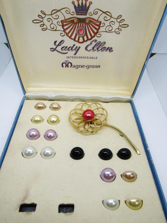 VINTAGE LADY ELLEN INTERCHANGEABLE MAGNE-GEM BROOC: INTERCHANGEABLE MAGNET FAUX PEARLS, 6 PEARL COLORS