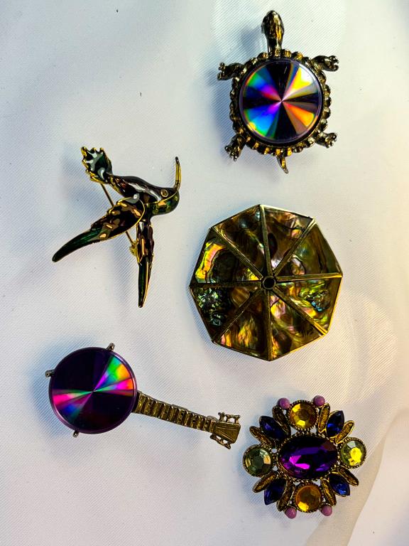 ABILONE, JEWELARAMA BROOCHES: ABILONE BROOCH, JEWELARAMA PURPLE DISC ,BANJO,MORE