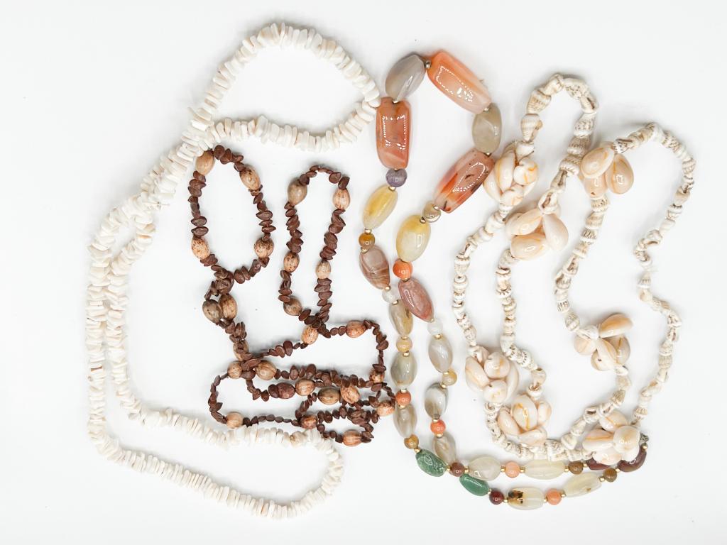 TROPICAL COLLECTION OF NECKLACES: TROPCIAL COLLECTION OF NECKLACES, SHELLS, WOOOD BEADS, BEACH READY