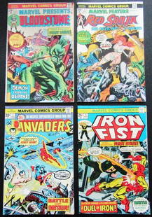 Lot of 4 25cent Marvel Comics #1's!!!: 1975 Iron Fist #1-1975 Bloodstone #1-1975 Red Sonja #1975 The Invaders #1 All have some wear