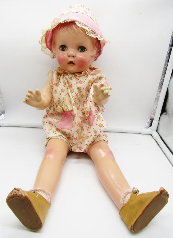 ANTIQUE PLASTER / COMPOSITION DOLL: NO MAKINGS - EYES OPEN & CLOSE - 19" LONG - COUPLE of SMALL CRACKS IN HAIR