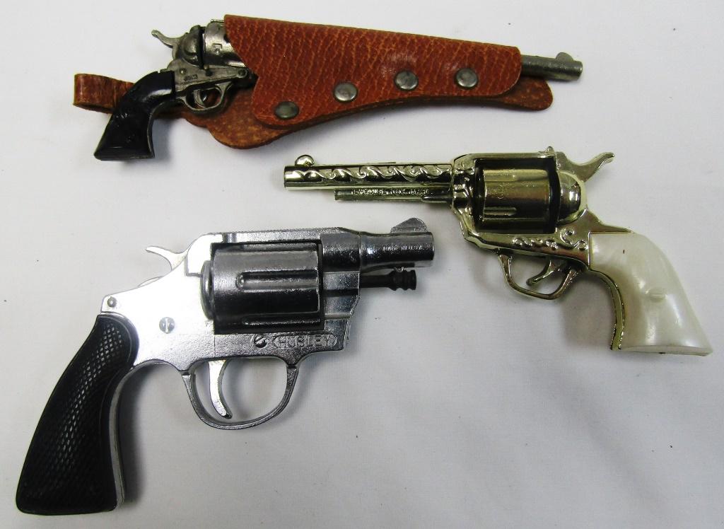 (3) TOY CAP GUNS: JAPAN MINI RIFLE w/HOLSTER: GOLD TONED MIGHTY MIDGET, HUBLEY COLT - NICE LOT