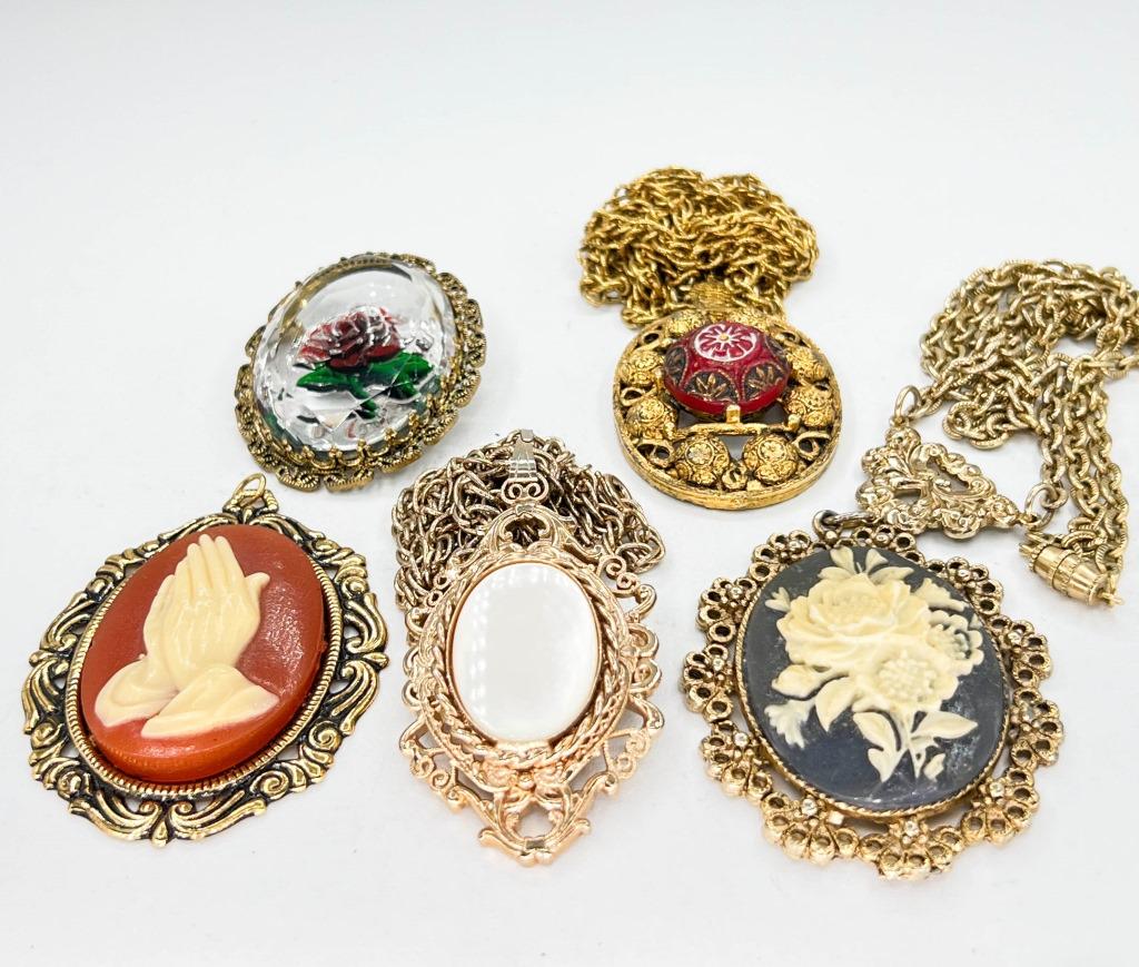 VINTAGE CAMEO NECKLACES AND PENDANT, ROSES , FLORA: VINTAGE CAMEO NECKLACES AND PENDANT, ROSES , FLORALS, PRAYERS