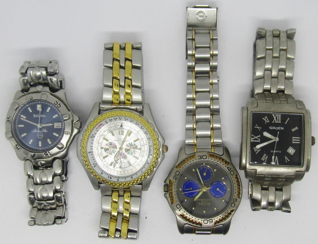 4 Mens modern watches: Gruen, Bulova, Elgin Brands Nice Modern Watches set of 4 - Not tested