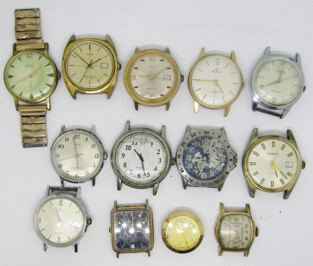 Vintage Mens Watch faces set of 15: Gruen, Benrus, Timex, Helbros, Jewel, Caravelle, Fantasma Brands, all vintage watch faces for men- Not tested