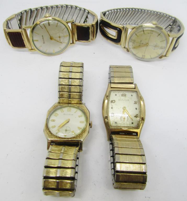 Traditional Mens watches set of 4: 3 Bulova and 1 Elgin brand watches, all vintage mens classy watches - Not Tested