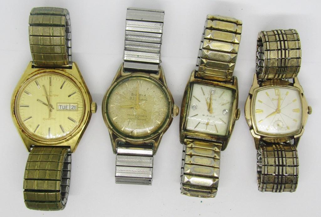 Vintage Bulova, Eglinand Hamlilton watches: Mens vintage watches. Set of 4 - Bulova, Elgin and Hamilton Brands. All vintage, all elastic bands - Not Tested