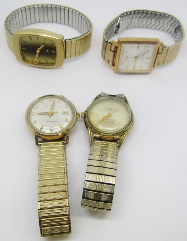Vintage Mens Brand Name Watches (4): Wittnauer, Bulova, and Waltham brands, gold toned, mens vintage watches