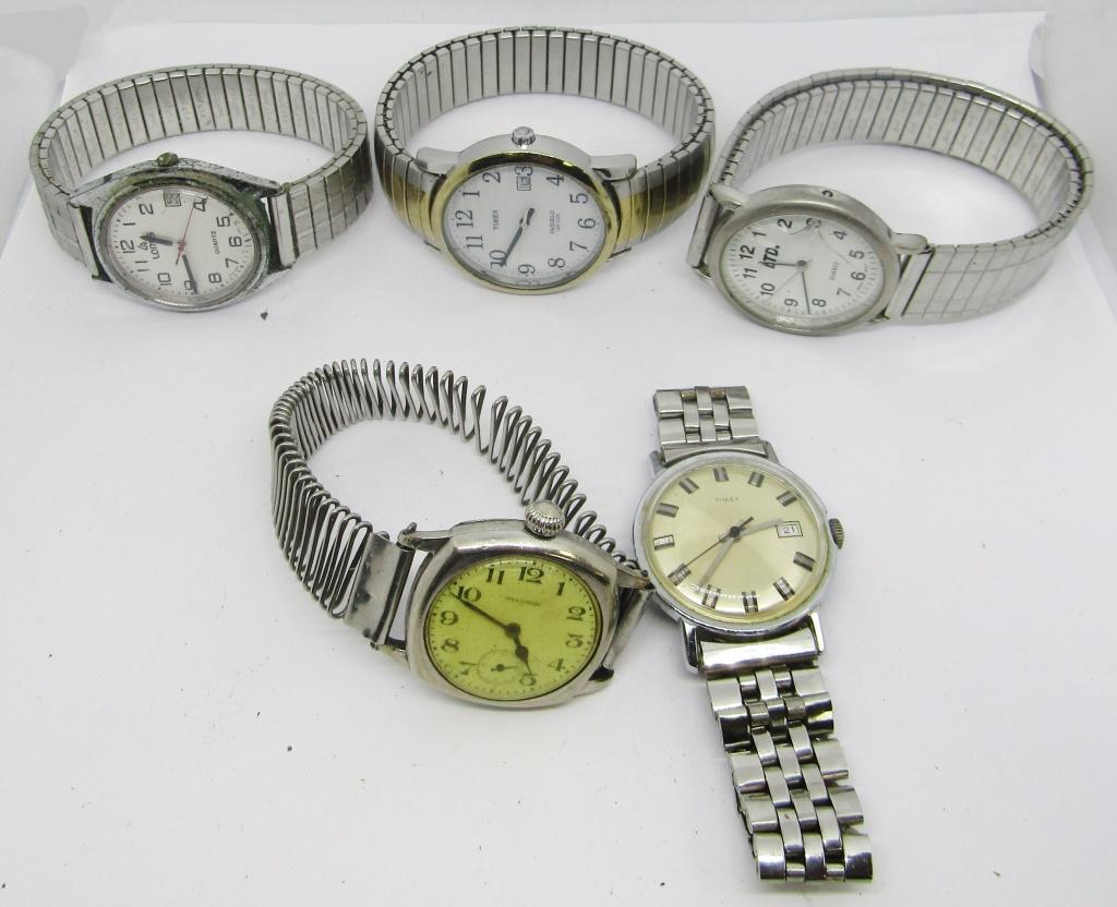 Mens Silver Toned Vintage Watches: Timex, LTD, Waltham, Lorus brands set of 5 mens watches, not tested