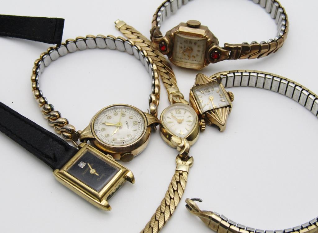 (5) VINTAGE WRIST WATCHES; WITTNAUER, BULOVA,: CORT (10K RGP), REVERE; UNTESTED! (2) HAVE BROKEN BANDS.