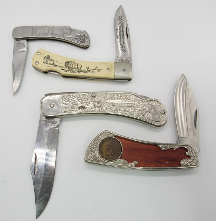 (4) WOODSMAN DESIGN POCKET KNIVES (1 of 3)